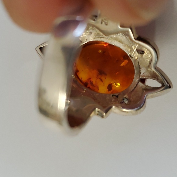Sterling Silver 925 Amber and Marcasite Nugget Ring - Picture 7 of 10